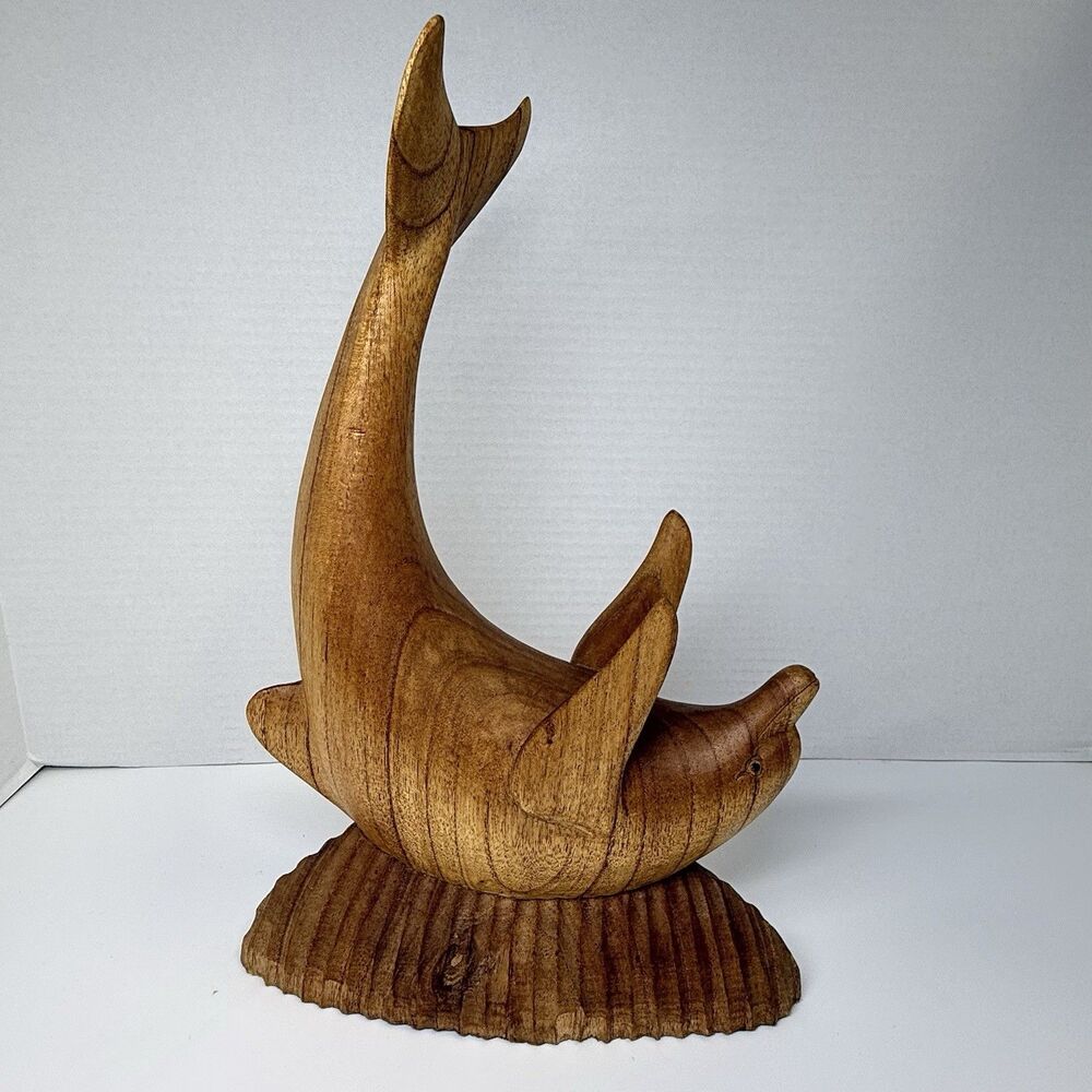 Hand Carved Wooden Swimming Dolphin Figurine Made In Indonesia 13.5” Tall